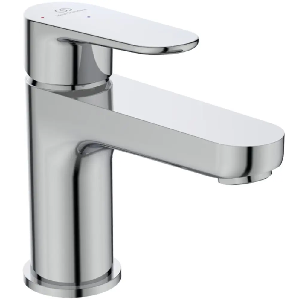 Waschtischarmatur in Chromfarbe von Ideal Standard mit flacher Bedienoberfläche und Wasserabflussöffnung. Eignet sich für die Montage am Waschbecken.
